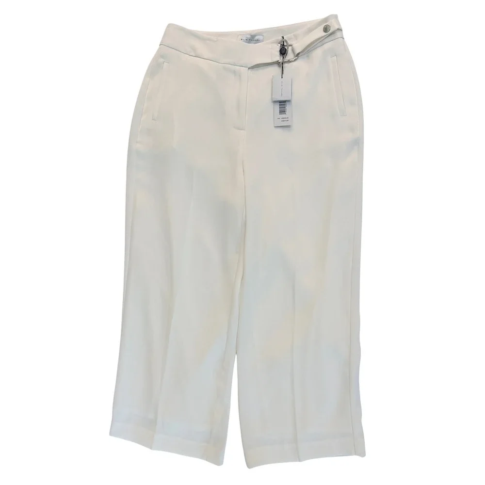 Elie Tahari T Tahari White‎ Crepe Wide Leg Cropped Pants D-Ring Belt Size 8 NEW